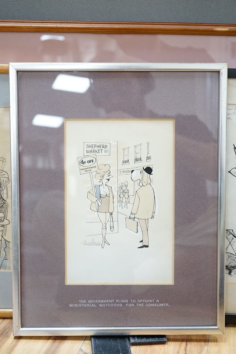 Five 1960's and 1970's original Punch cartoons, monochrome cartoons and caricatures for Punch Magazine to include David Langdon, London street scene and Hewison, Joyce Grenfell in a programme of monologues and songs, lar
